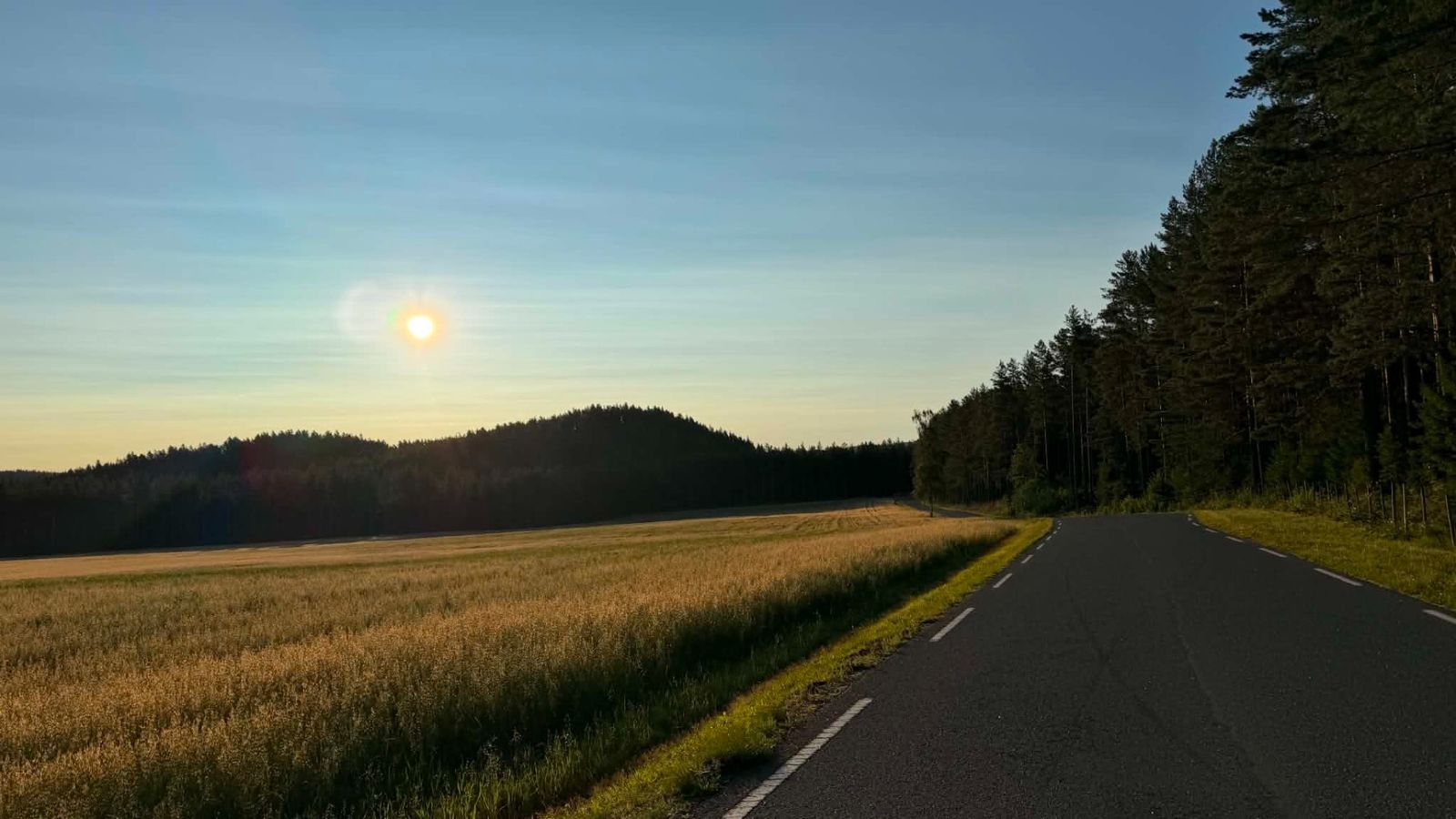 Solnedgang over kornåker og skogkledde åser i Drammens- eller Eiker-området, der HALLLO! skal drive lokaljournalistikk.