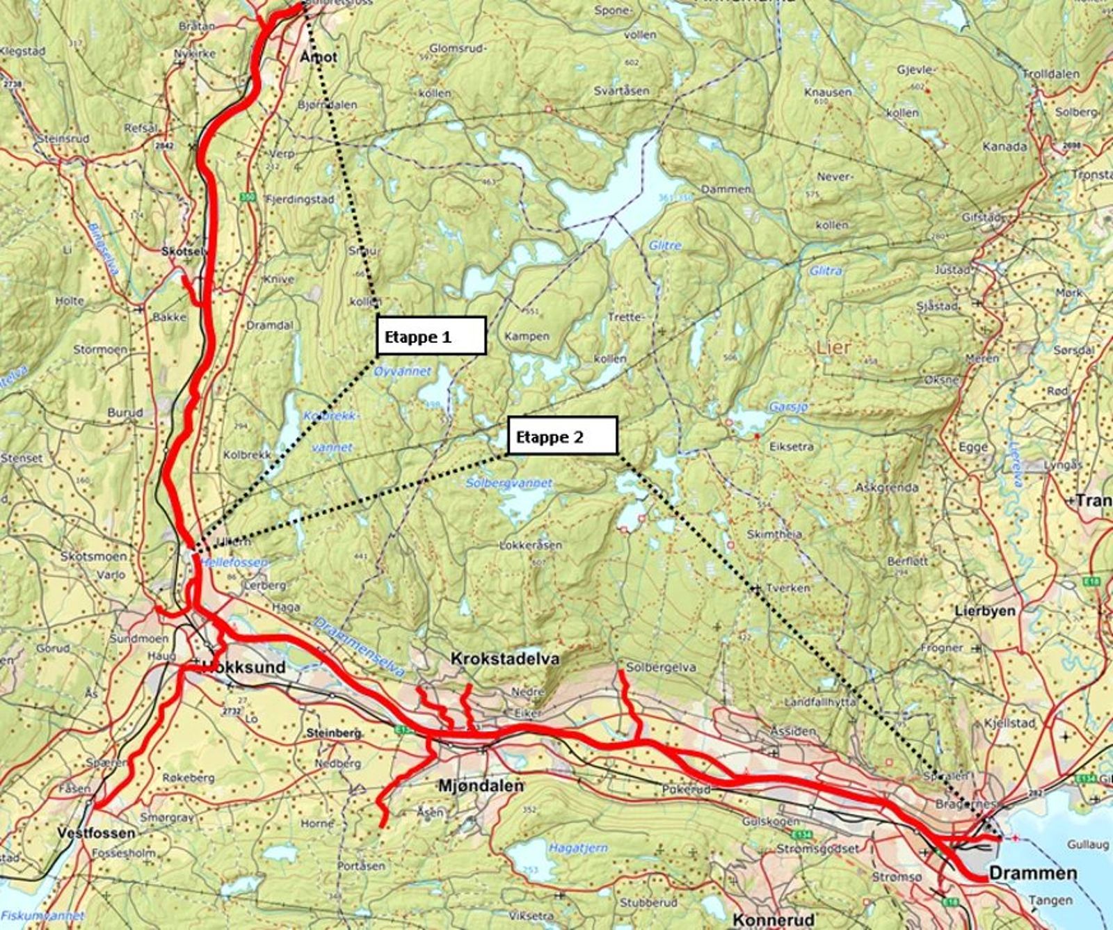 Arbeidet i Drammenselva er delt i to etapper. Illustrasjon: Drammen kommune