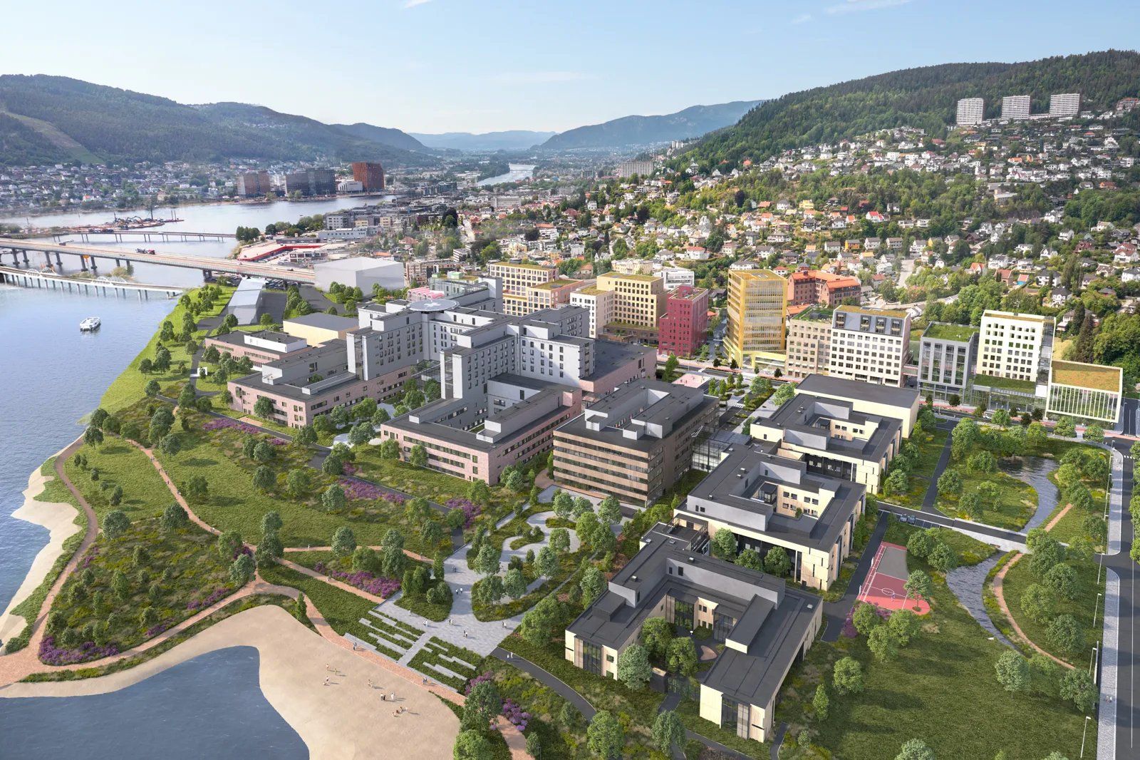 Drammen Helsepark når det skal stå ferdig. Illustrasjon: Foto: Link/Ratio arkitektur, Dark arkitekter, Nordic arkitekter, 3D Estate/Bane NOR