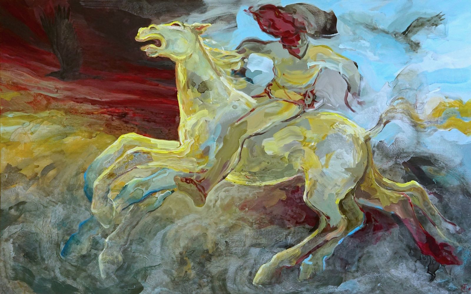 Et av Henriette Finnes malerier viser en rytter i full galopp på gyllen hest, med intense farger som inngår i utstillingens «solbro» under takhvelvet.