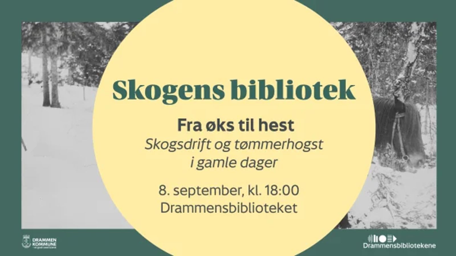 Plakat for foredraget «Fra øks til hest – skogsdrift og tømmerhogst i gamle dager», 8. september kl. 18:00 på Drammensbiblioteket, med et historisk bilde av en hest som drar tømmer gjennom snødekt skog