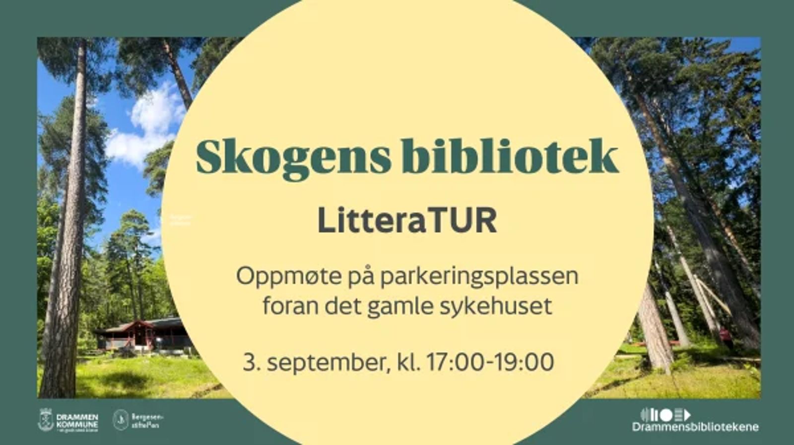 Plakat for åpningsarrangementet «LitteraTUR», 3. september kl. 17:00–19:00, med oppmøte på parkeringsplassen foran det gamle sykehuset