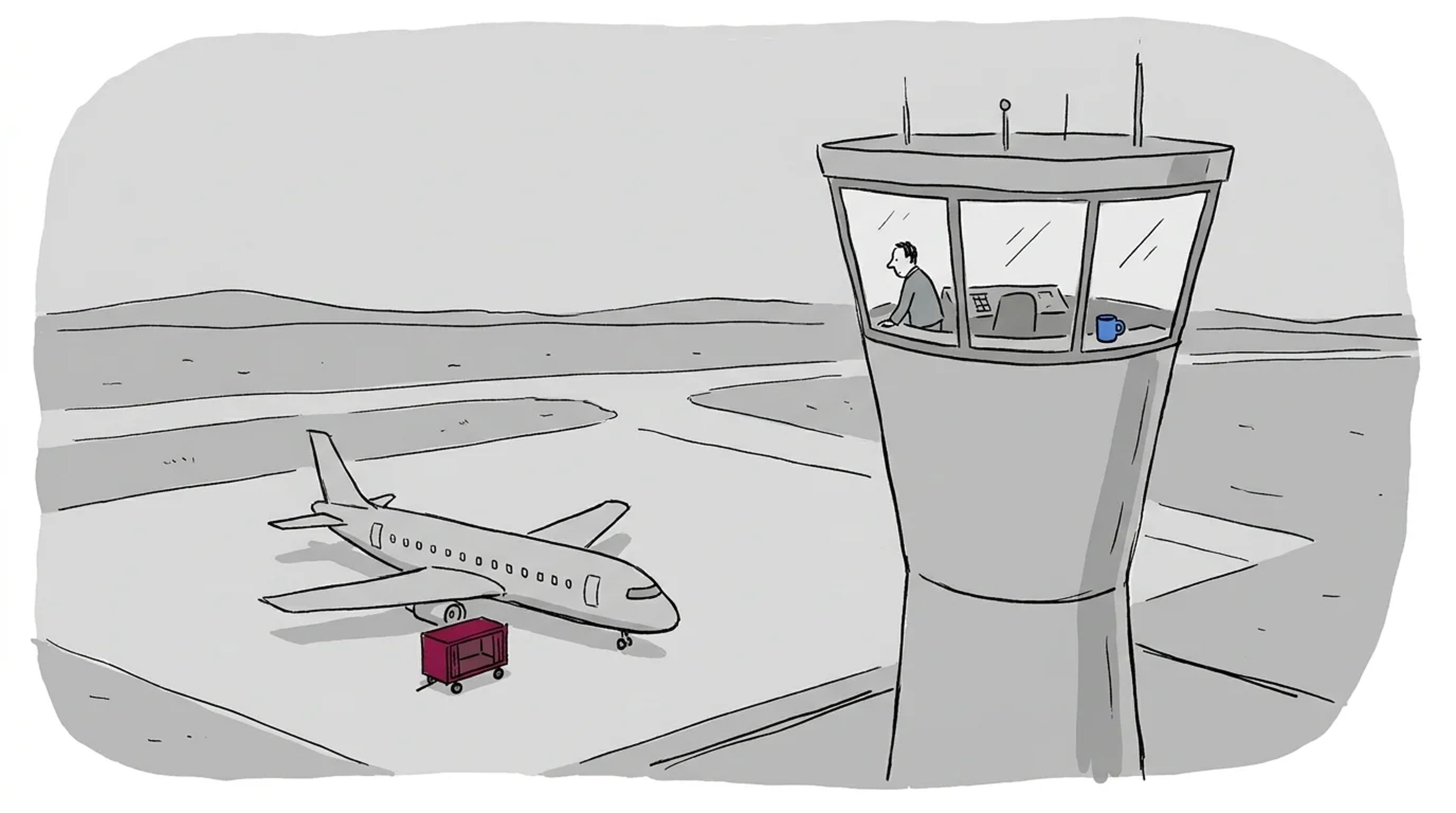 Ein flygekontrollør ser ut frå eit kontrolltårn mot eit fly på flyplassen med ei bagasjevogn.