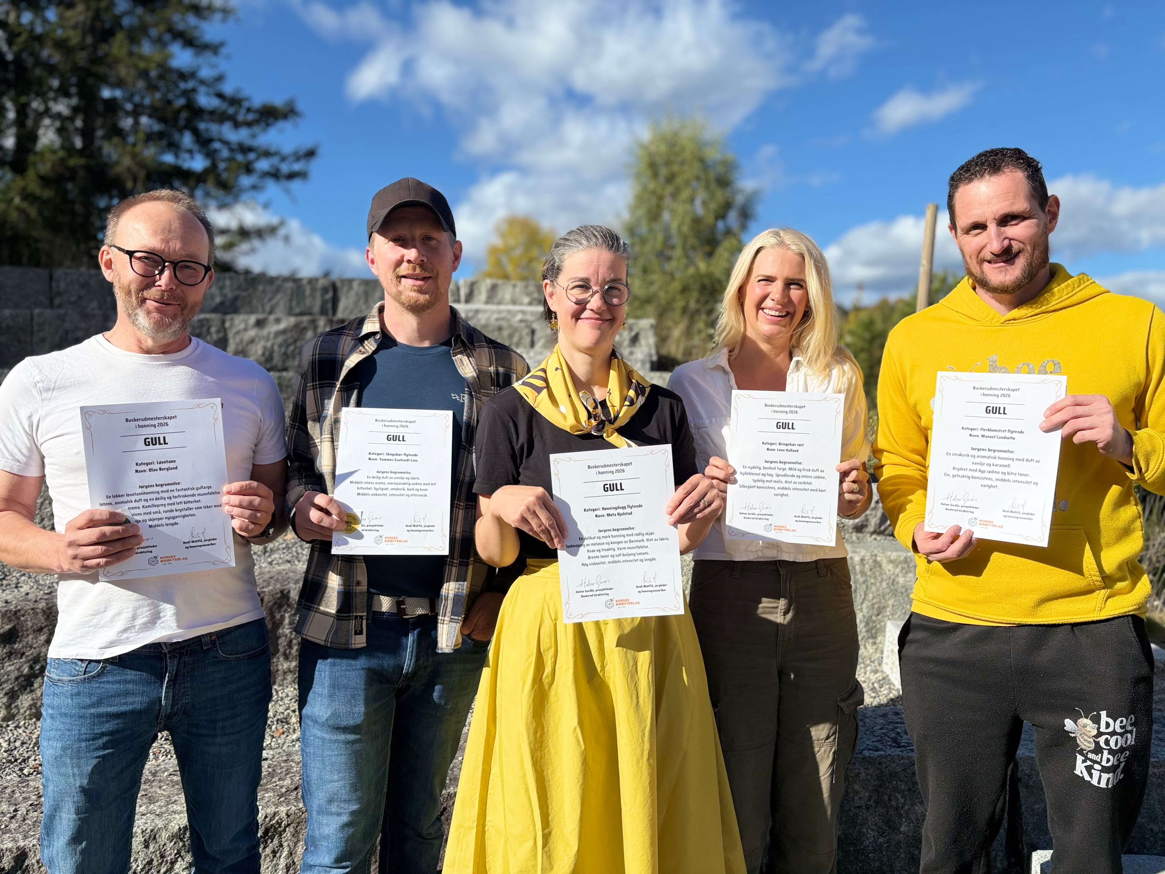 Fem av gullvinnerne: Olav Berglund, Tommes Saatvedt Lien, Meta Hjulstad, Lena Marie Halland, Manuel Candiotto